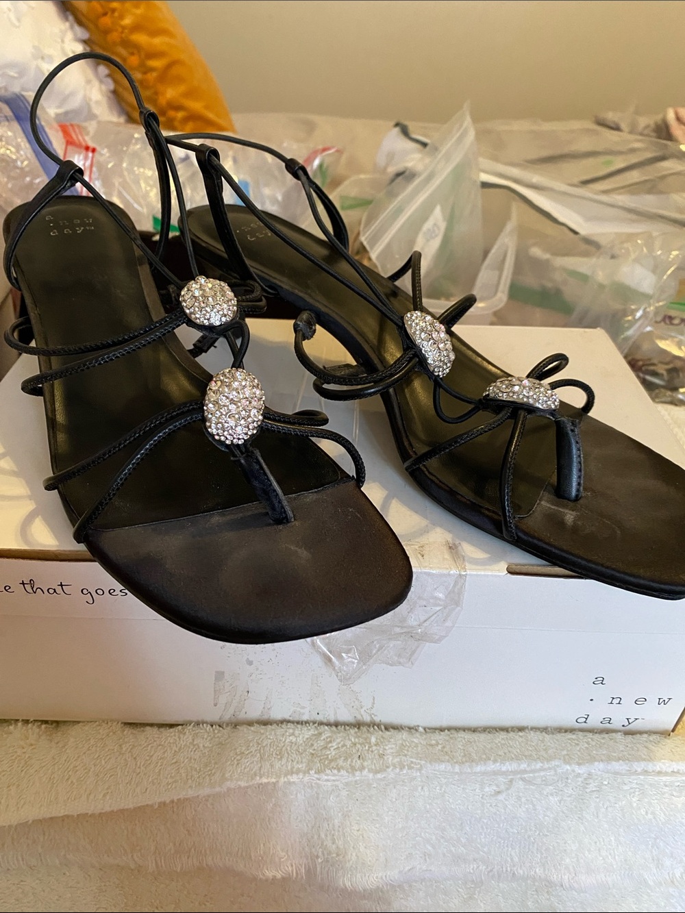 a new day Black Rhinestone Strappy Heeled Sandals